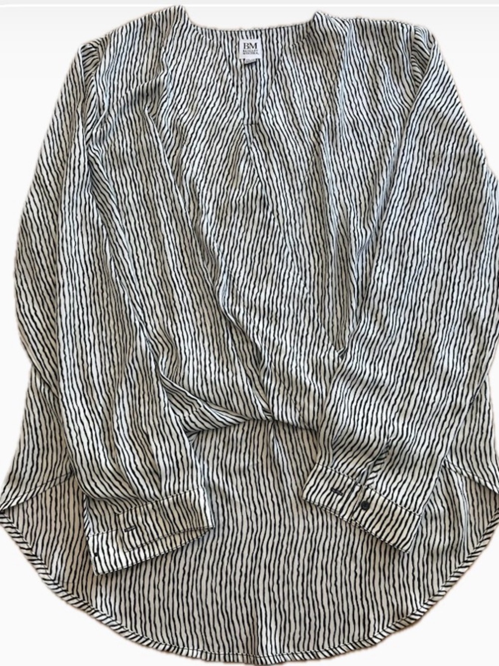 Badgley Mischka Black & White Striped Long Sleeve Blouse. Crossfront.